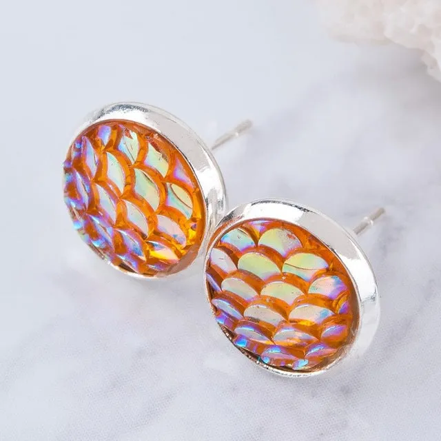 DoreenBeads Handmade Druzy /Drusy Resin Beads Round Earrings Mermaid Fish Scale Pattern Fashion Trendy Woman 15x12mm 1Pair