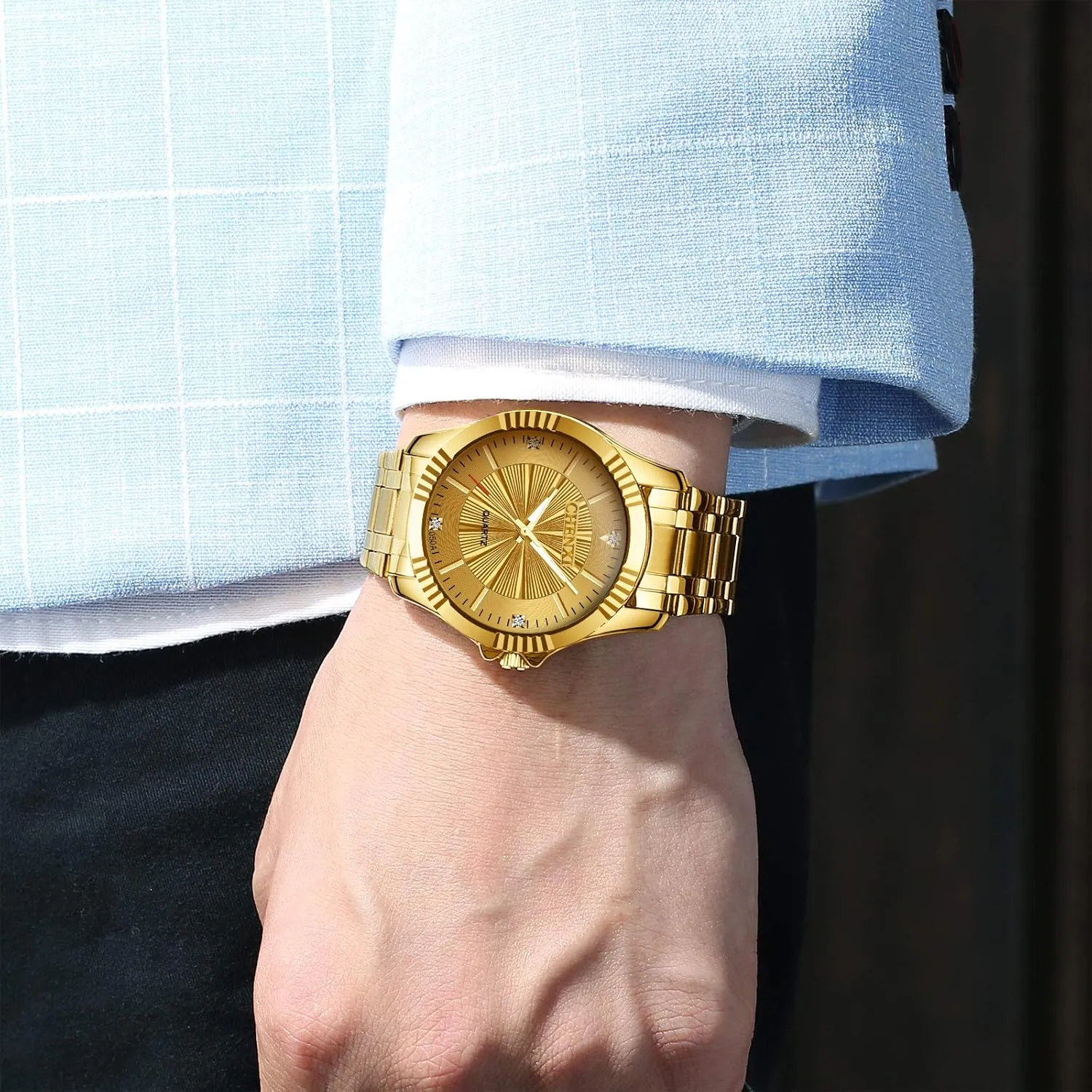 DREAMING Q&P Fq-005 Classic Style Gold Stainless Steel Mens Wrist Watches with Crystals for Man