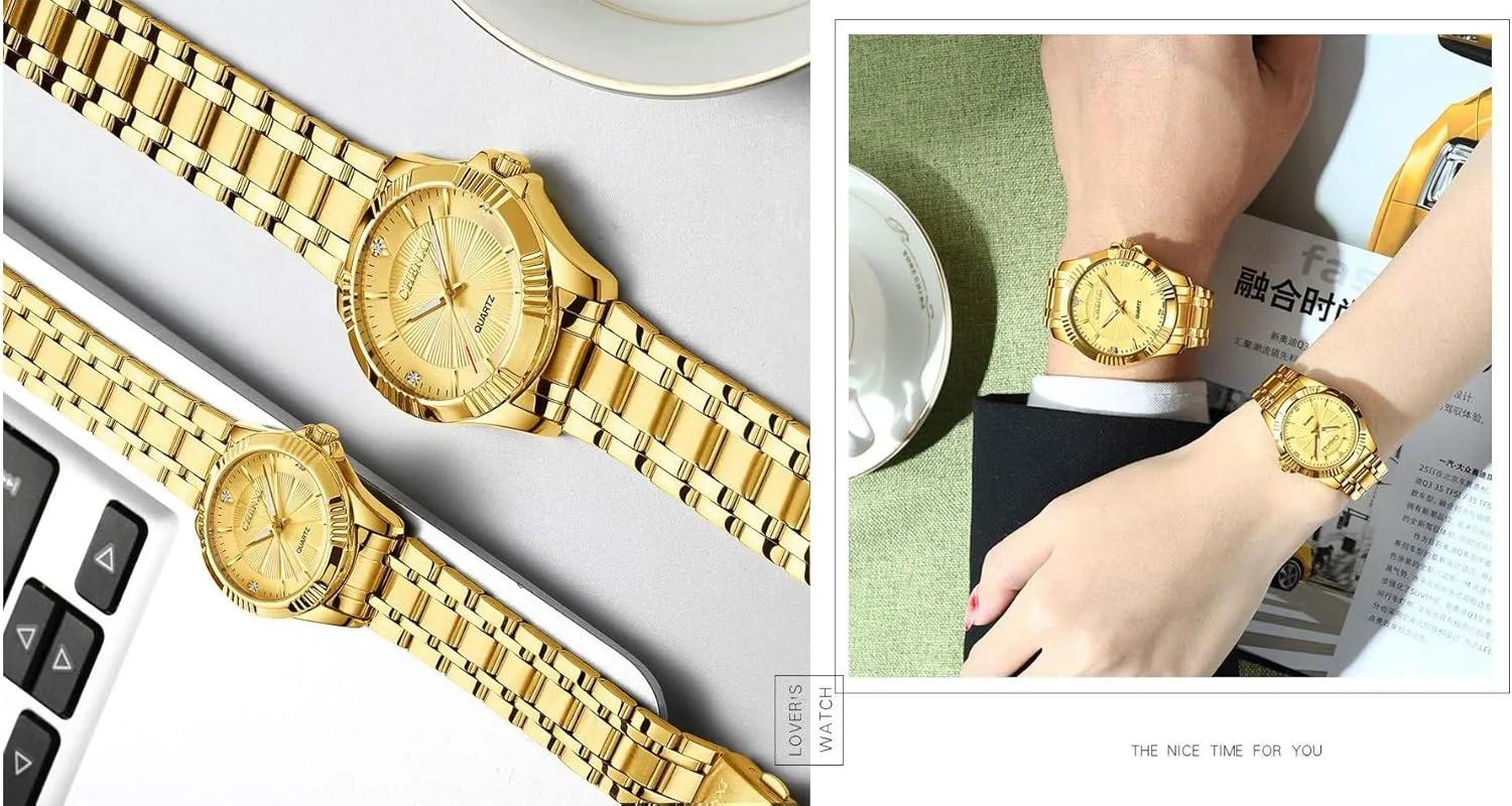 DREAMING Q&P Fq-005 Classic Style Gold Stainless Steel Mens Wrist Watches with Crystals for Man