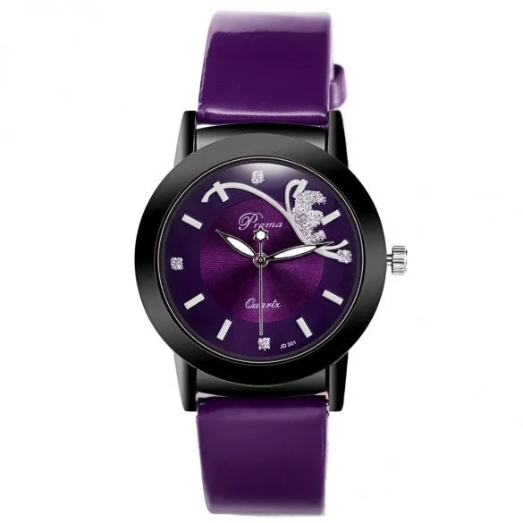 Fashion Classic Women Watch Round Dial Quartz Wristwatch Synthetic Leather Band