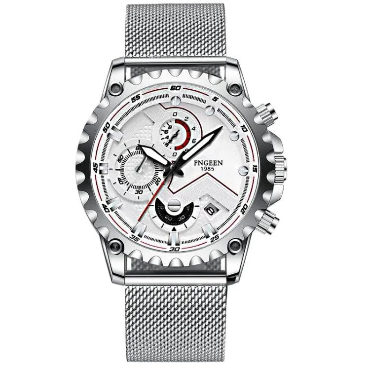 FNGEEN 5055 Men's Stylish Waterproof Quartz Watch with Stainless Steel Band