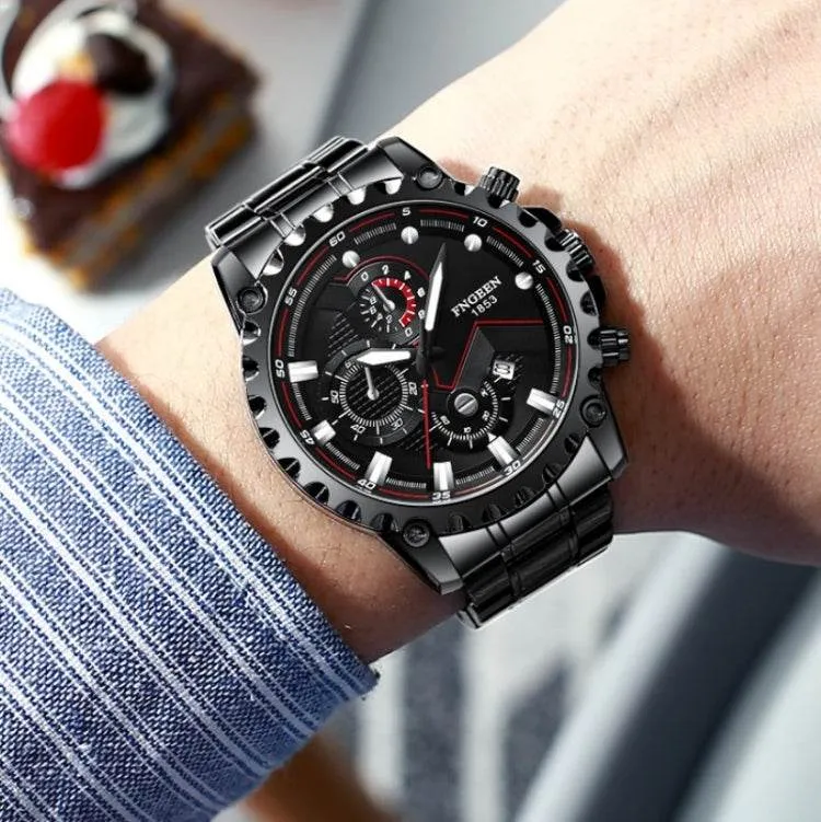 FNGEEN 5055 Men's Stylish Waterproof Quartz Watch with Stainless Steel Band