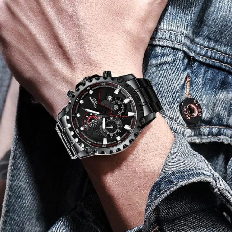 FNGEEN 5055 Men's Stylish Waterproof Quartz Watch with Stainless Steel Band