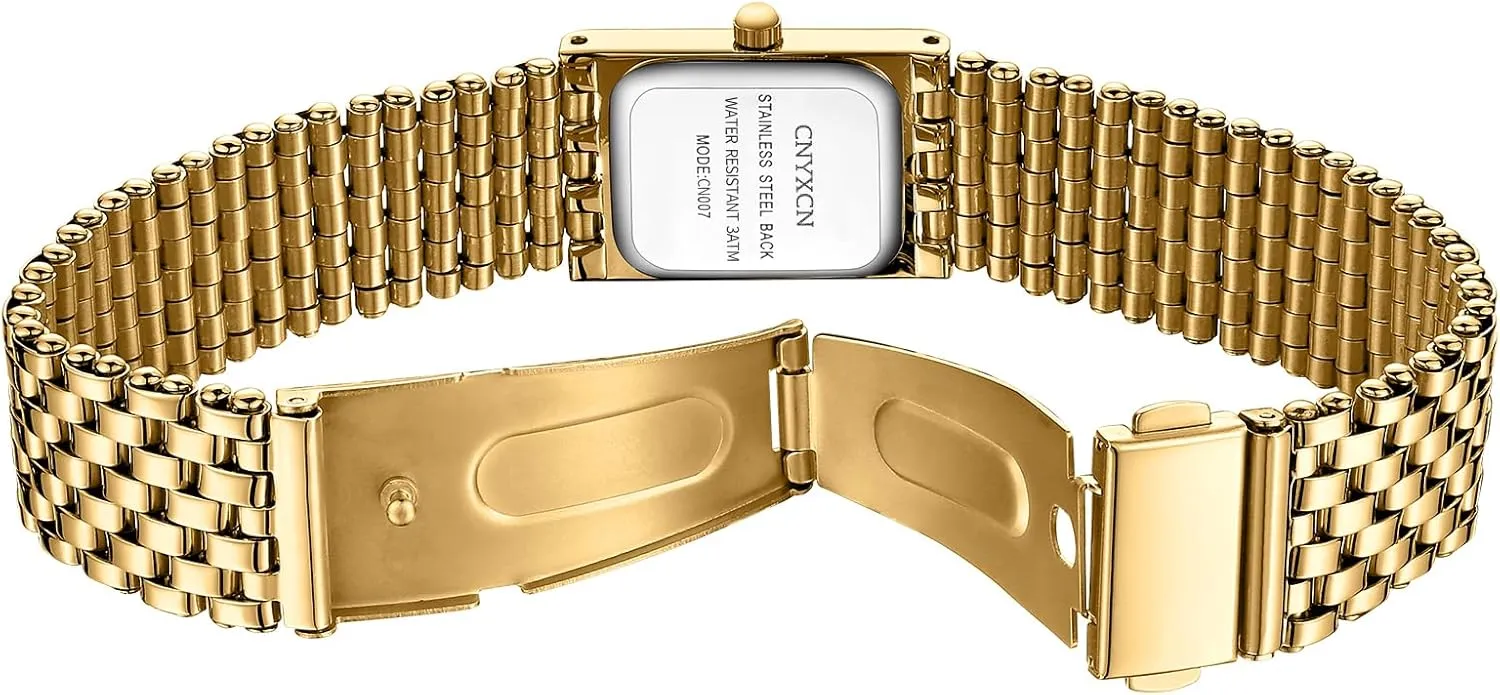 Gold Watches for Women Luxury Fashion Square Ladies Quartz Wrist Watch with Stainless Steel Band,Bracelet Adjustment Tool Included