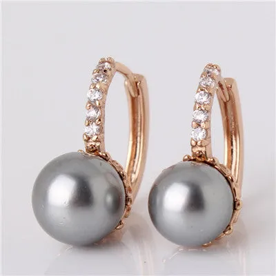GULICX Fashion Round Ball Crystal Zirconia Jewelry Gold-color Hoop Earrings White/Gray Pearl Wedding Earring for Women E137