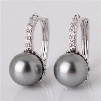 GULICX Fashion Round Ball Crystal Zirconia Jewelry Gold-color Hoop Earrings White/Gray Pearl Wedding Earring for Women E137