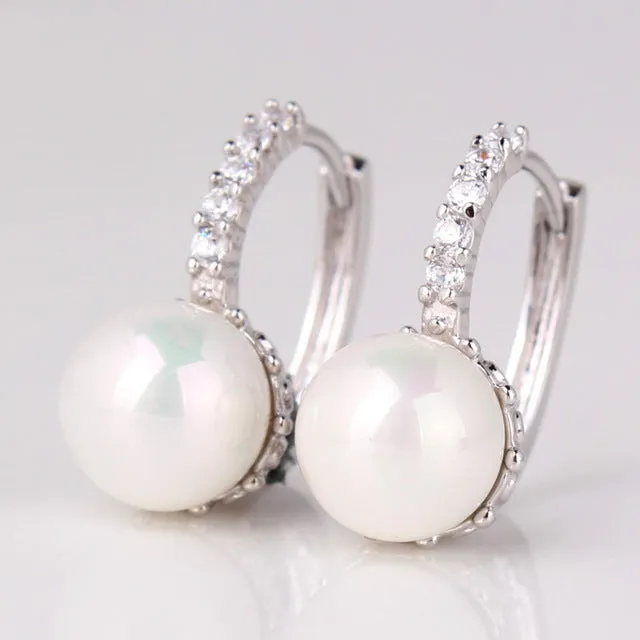 GULICX Fashion Round Ball Crystal Zirconia Jewelry Gold-color Hoop Earrings White/Gray Pearl Wedding Earring for Women E137