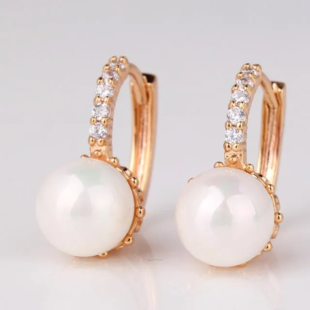 GULICX Fashion Round Ball Crystal Zirconia Jewelry Gold-color Hoop Earrings White/Gray Pearl Wedding Earring for Women E137