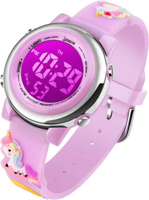Kids Watch Girls Age 3-10 - Upgrade 3D Cute Unicorn Cartoon 7 Color Lights Digital Waterproof Sports Outdoor LED Watches with Alarm Stopwatch for 3-10 Year Boys Girls Little Child Purple - Best Gift