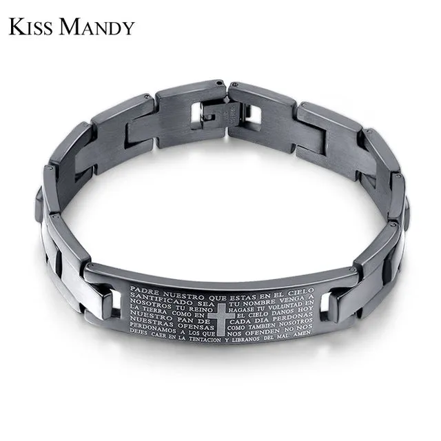 KISS MANDY Cross Pattern Stainless Steel Bracelet in Black Color Scripture Religious Wristband Bracelet Fashion Accessories FB57