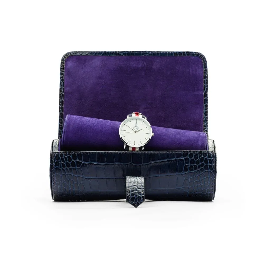 Large Leather Watch Roll - Navy Croc With Purple