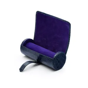 Large Leather Watch Roll - Navy Croc With Purple