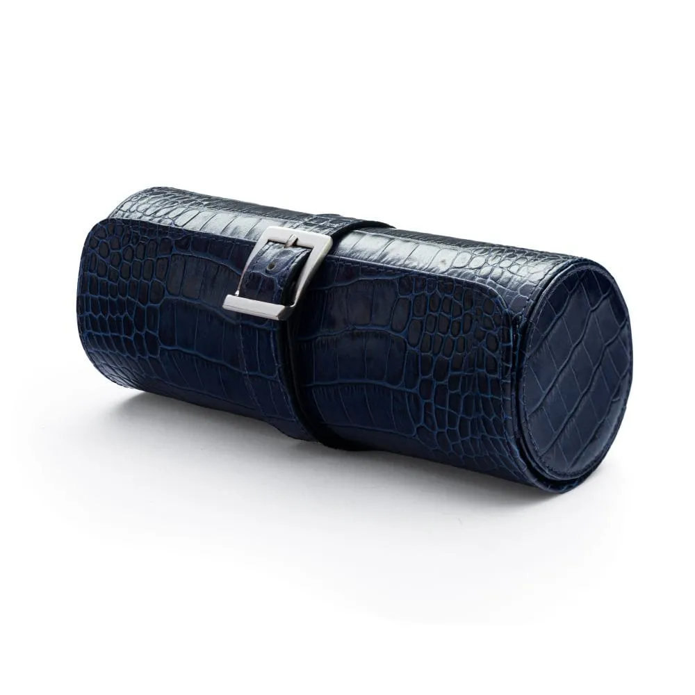 Large Leather Watch Roll - Navy Croc With Purple