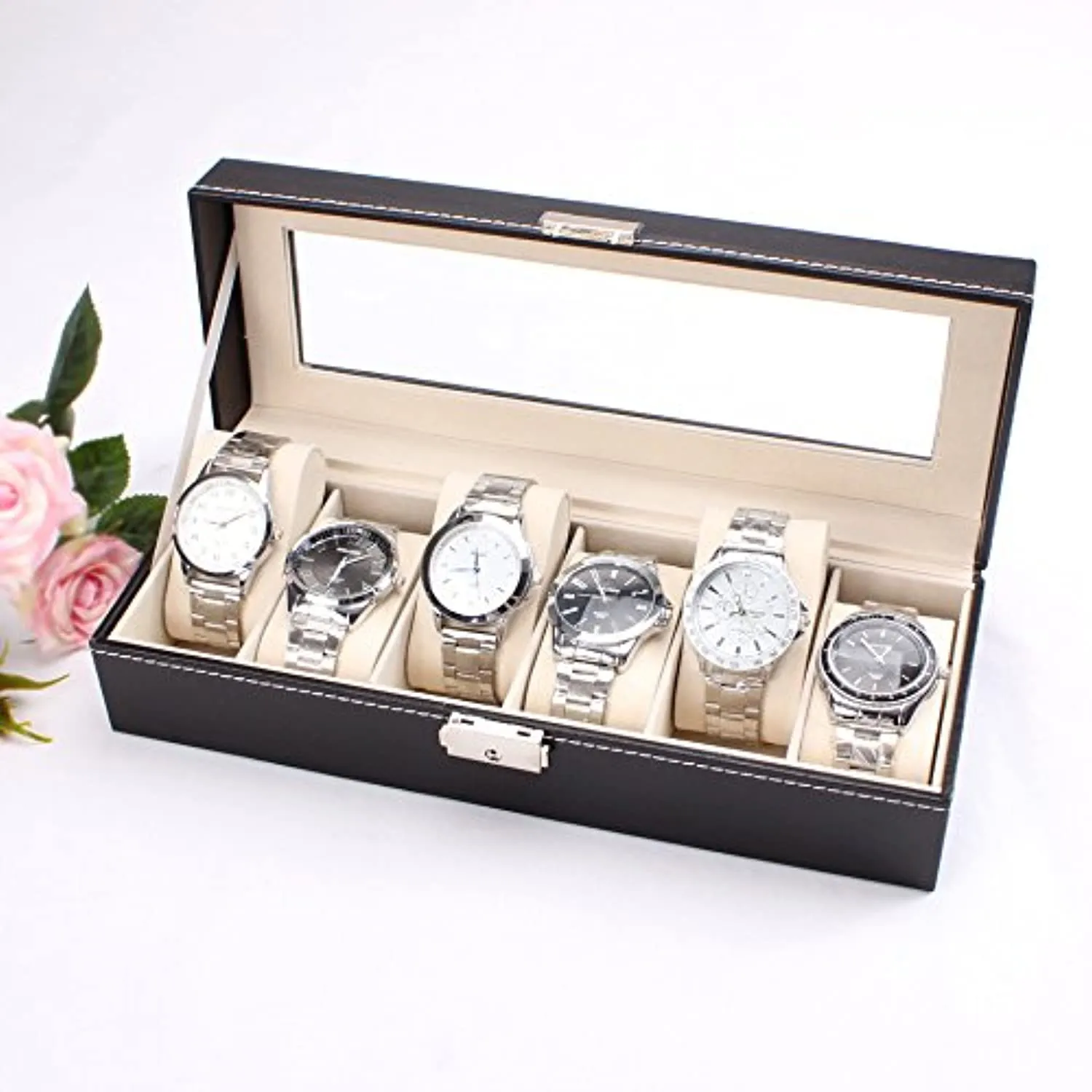 Leather 6 Grid Watch Display Case Box Jewelry Storage Organizer