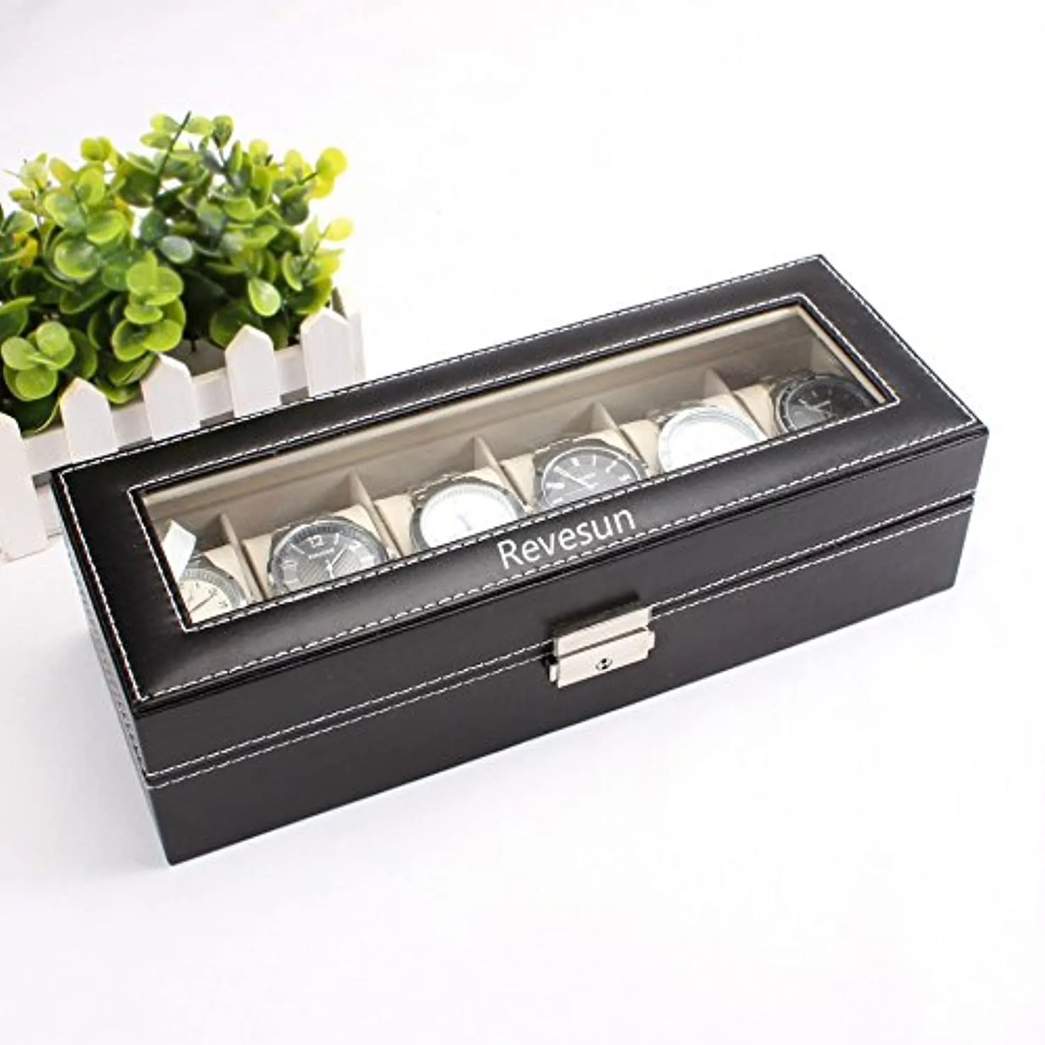Leather 6 Grid Watch Display Case Box Jewelry Storage Organizer