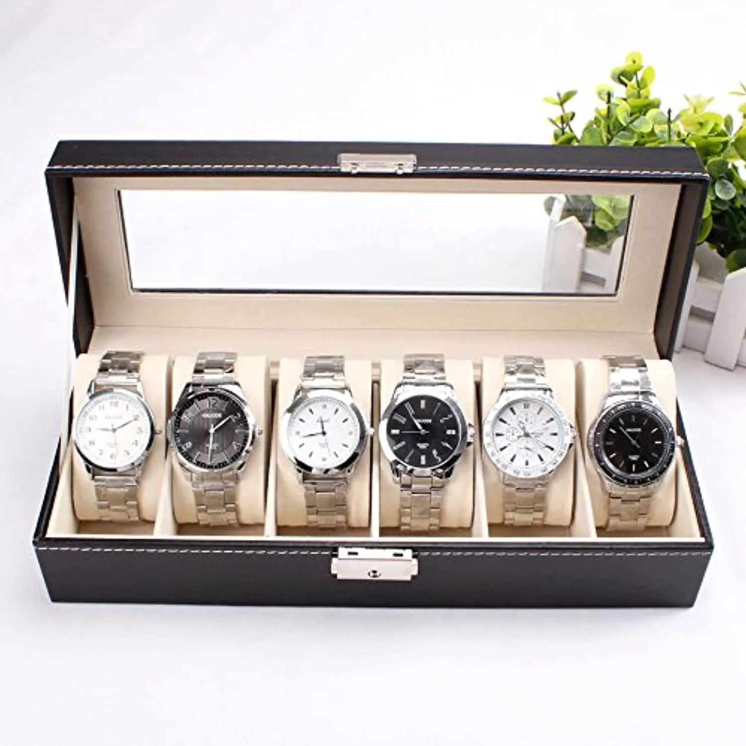 Leather 6 Grid Watch Display Case Box Jewelry Storage Organizer