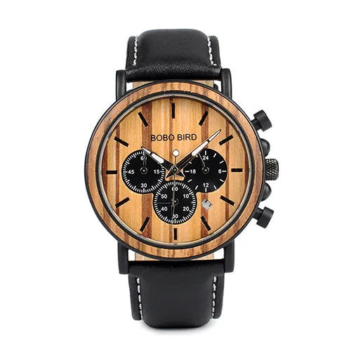Leather Brand Luxury Stylish Watch Wood & Stainless Steel Chronograph Military Quartz Watch for Men