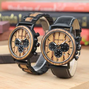 Leather Brand Luxury Stylish Watch Wood & Stainless Steel Chronograph Military Quartz Watch for Men