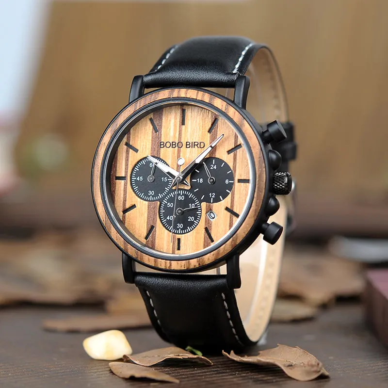 Leather Brand Luxury Stylish Watch Wood & Stainless Steel Chronograph Military Quartz Watch for Men