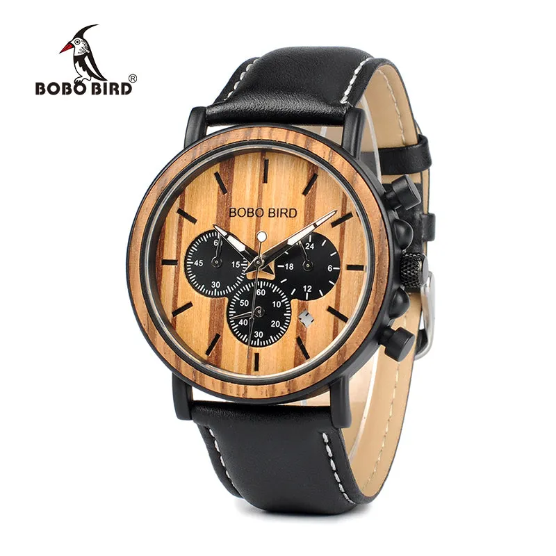 Leather Brand Luxury Stylish Watch Wood & Stainless Steel Chronograph Military Quartz Watch for Men