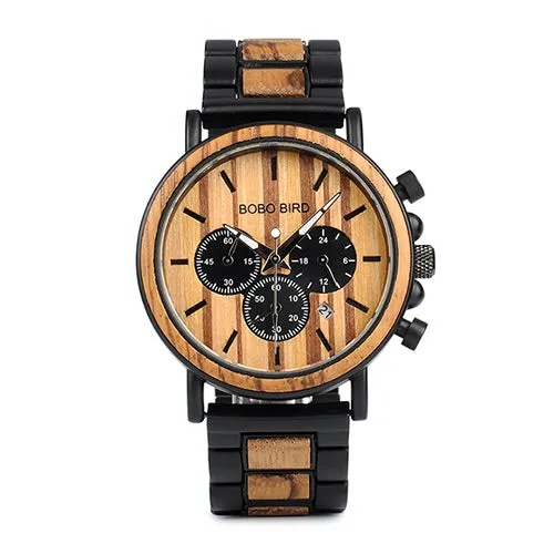 Leather Brand Luxury Stylish Watch Wood & Stainless Steel Chronograph Military Quartz Watch for Men