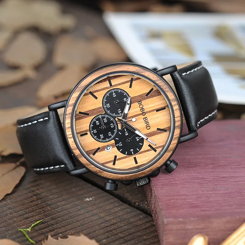 Leather Brand Luxury Stylish Watch Wood & Stainless Steel Chronograph Military Quartz Watch for Men
