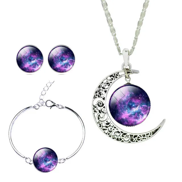 LIEBE ENGEL Newest Silver Color Jewelry Glass Galaxy Jewelry Sets  Statement Necklace Stud Earrings Bangles Bracelets For Women
