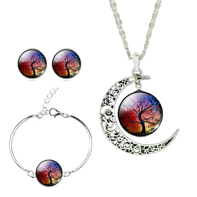 LIEBE ENGEL Newest Silver Color Jewelry Glass Galaxy Jewelry Sets  Statement Necklace Stud Earrings Bangles Bracelets For Women