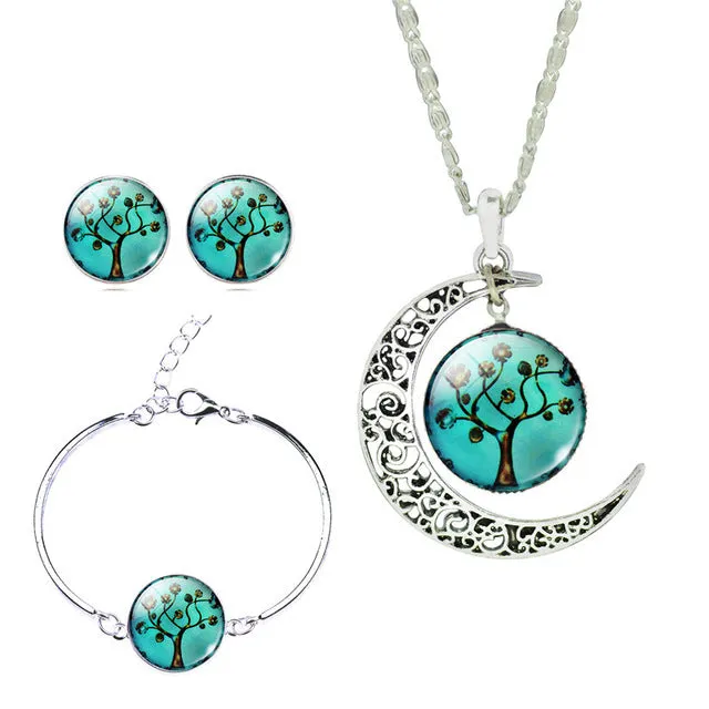 LIEBE ENGEL Newest Silver Color Jewelry Glass Galaxy Jewelry Sets  Statement Necklace Stud Earrings Bangles Bracelets For Women