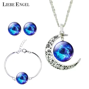 LIEBE ENGEL Newest Silver Color Jewelry Glass Galaxy Jewelry Sets  Statement Necklace Stud Earrings Bangles Bracelets For Women