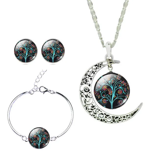 LIEBE ENGEL Newest Silver Color Jewelry Glass Galaxy Jewelry Sets  Statement Necklace Stud Earrings Bangles Bracelets For Women