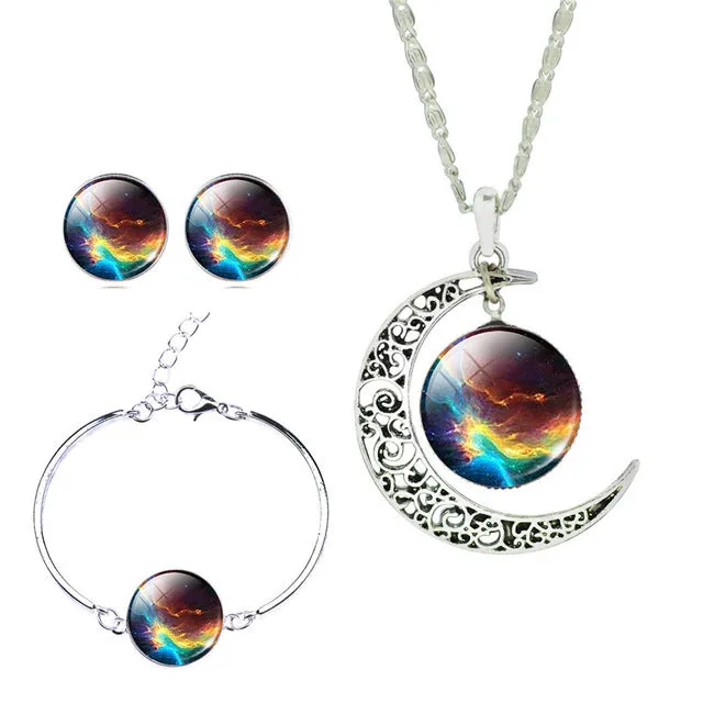 LIEBE ENGEL Newest Silver Color Jewelry Glass Galaxy Jewelry Sets  Statement Necklace Stud Earrings Bangles Bracelets For Women