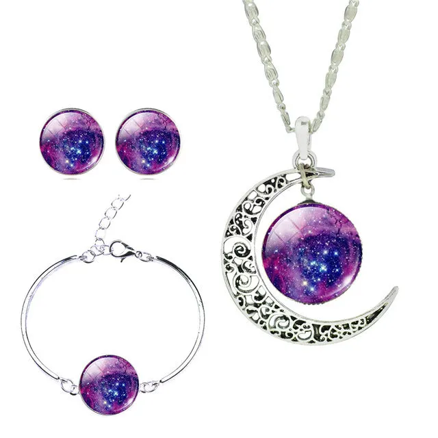 LIEBE ENGEL Newest Silver Color Jewelry Glass Galaxy Jewelry Sets  Statement Necklace Stud Earrings Bangles Bracelets For Women