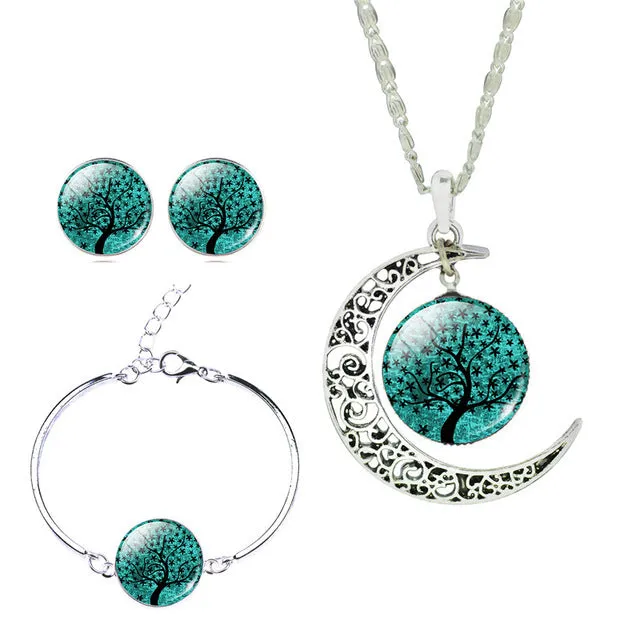 LIEBE ENGEL Newest Silver Color Jewelry Glass Galaxy Jewelry Sets  Statement Necklace Stud Earrings Bangles Bracelets For Women