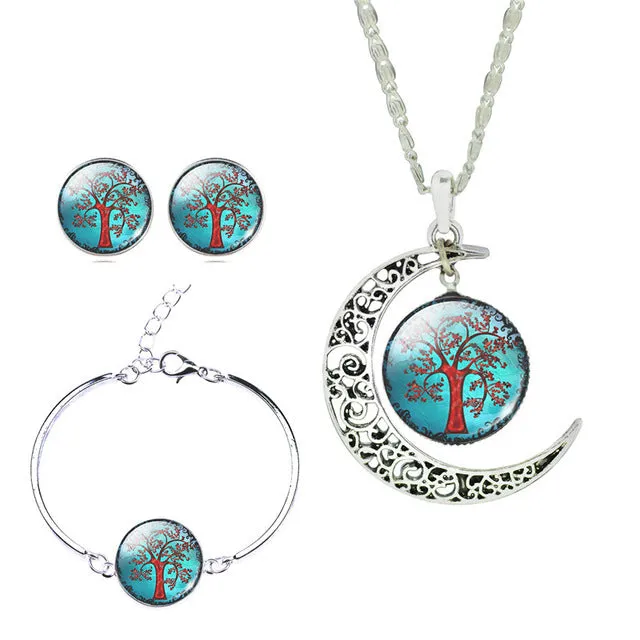LIEBE ENGEL Newest Silver Color Jewelry Glass Galaxy Jewelry Sets  Statement Necklace Stud Earrings Bangles Bracelets For Women
