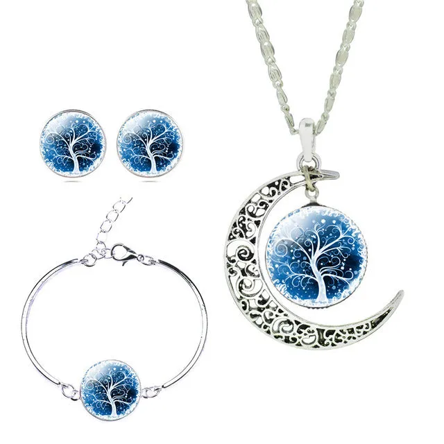 LIEBE ENGEL Newest Silver Color Jewelry Glass Galaxy Jewelry Sets  Statement Necklace Stud Earrings Bangles Bracelets For Women