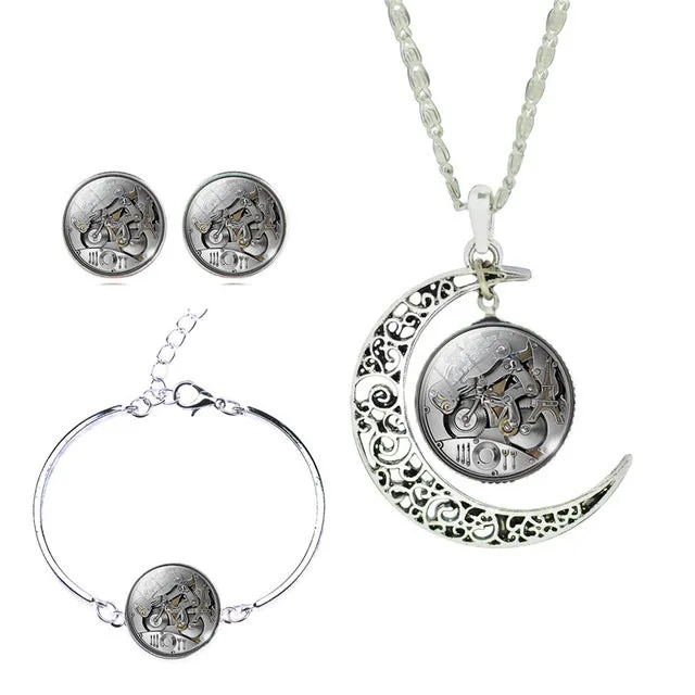 LIEBE ENGEL Newest Silver Color Jewelry Glass Galaxy Jewelry Sets  Statement Necklace Stud Earrings Bangles Bracelets For Women
