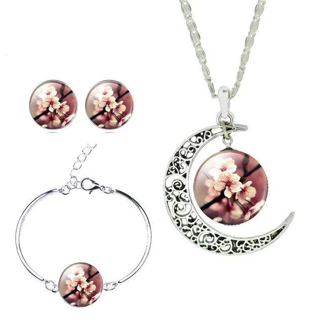 LIEBE ENGEL Newest Silver Color Jewelry Glass Galaxy Jewelry Sets  Statement Necklace Stud Earrings Bangles Bracelets For Women