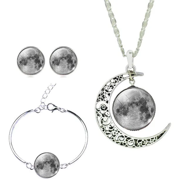 LIEBE ENGEL Newest Silver Color Jewelry Glass Galaxy Jewelry Sets  Statement Necklace Stud Earrings Bangles Bracelets For Women