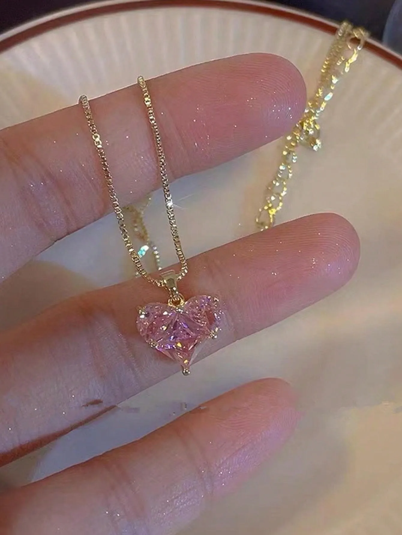 Light luxury and versatile pink inlaid diamond love pendant women's necklace