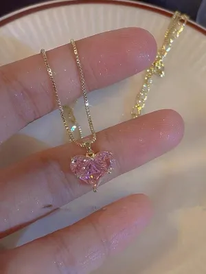 Light luxury and versatile pink inlaid diamond love pendant women's necklace