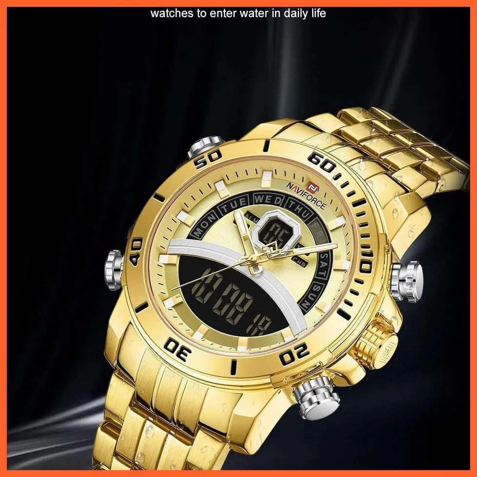 Luxury Gold Watch Men Sport Digital Chronograph Watches Male Steel Band Waterproof Quartz Wristwatch