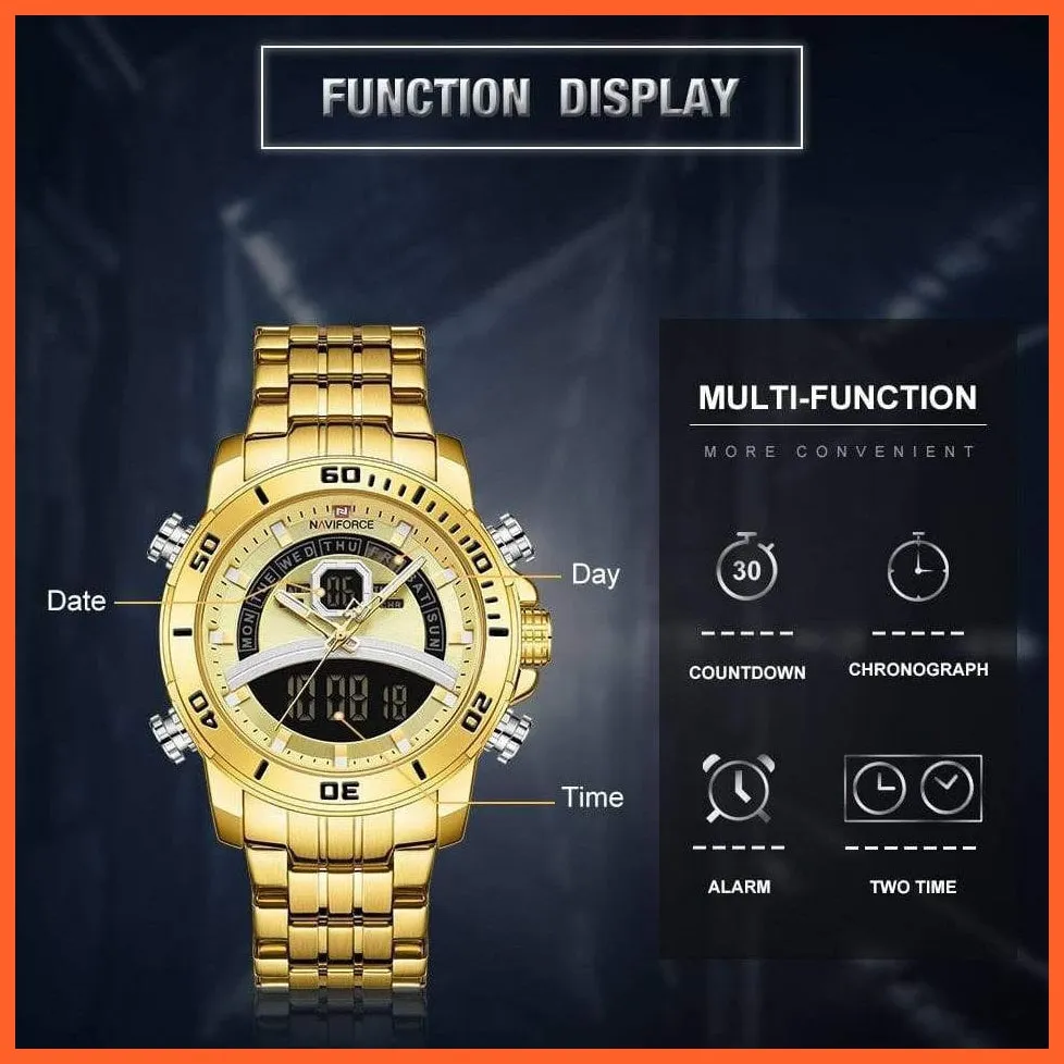 Luxury Gold Watch Men Sport Digital Chronograph Watches Male Steel Band Waterproof Quartz Wristwatch