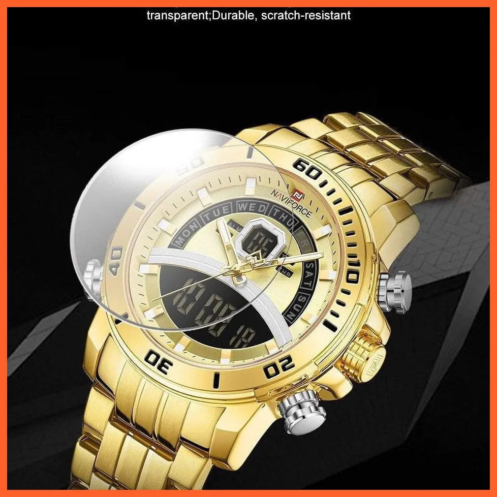 Luxury Gold Watch Men Sport Digital Chronograph Watches Male Steel Band Waterproof Quartz Wristwatch