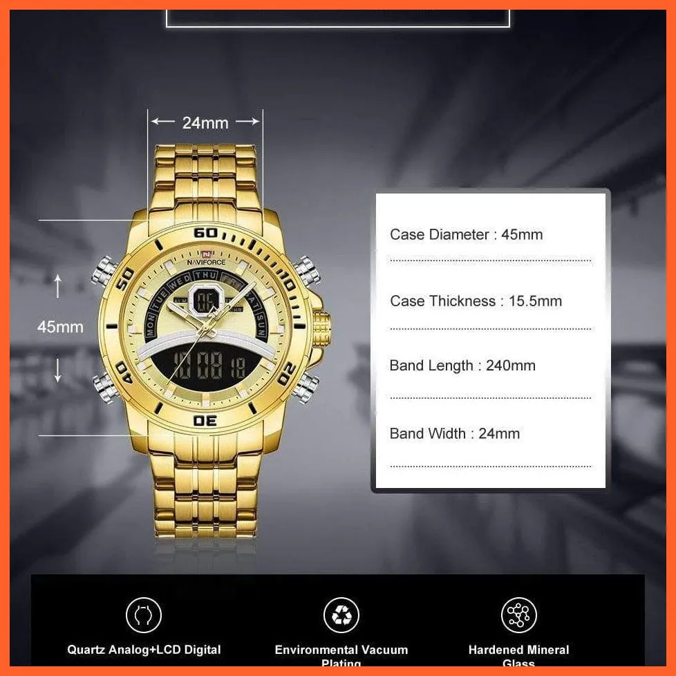 Luxury Gold Watch Men Sport Digital Chronograph Watches Male Steel Band Waterproof Quartz Wristwatch