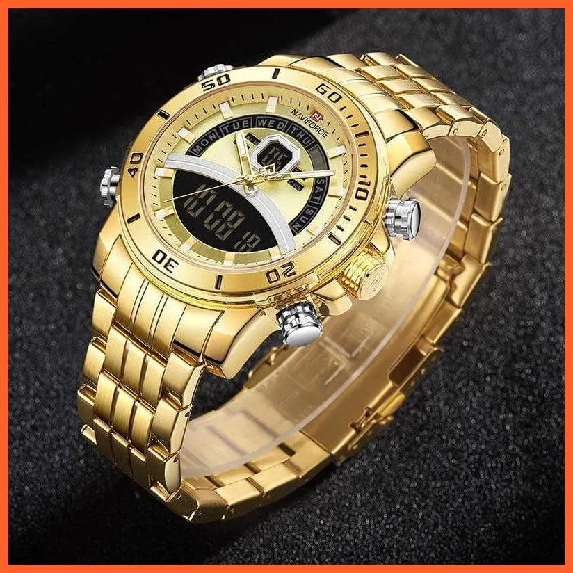 Luxury Gold Watch Men Sport Digital Chronograph Watches Male Steel Band Waterproof Quartz Wristwatch