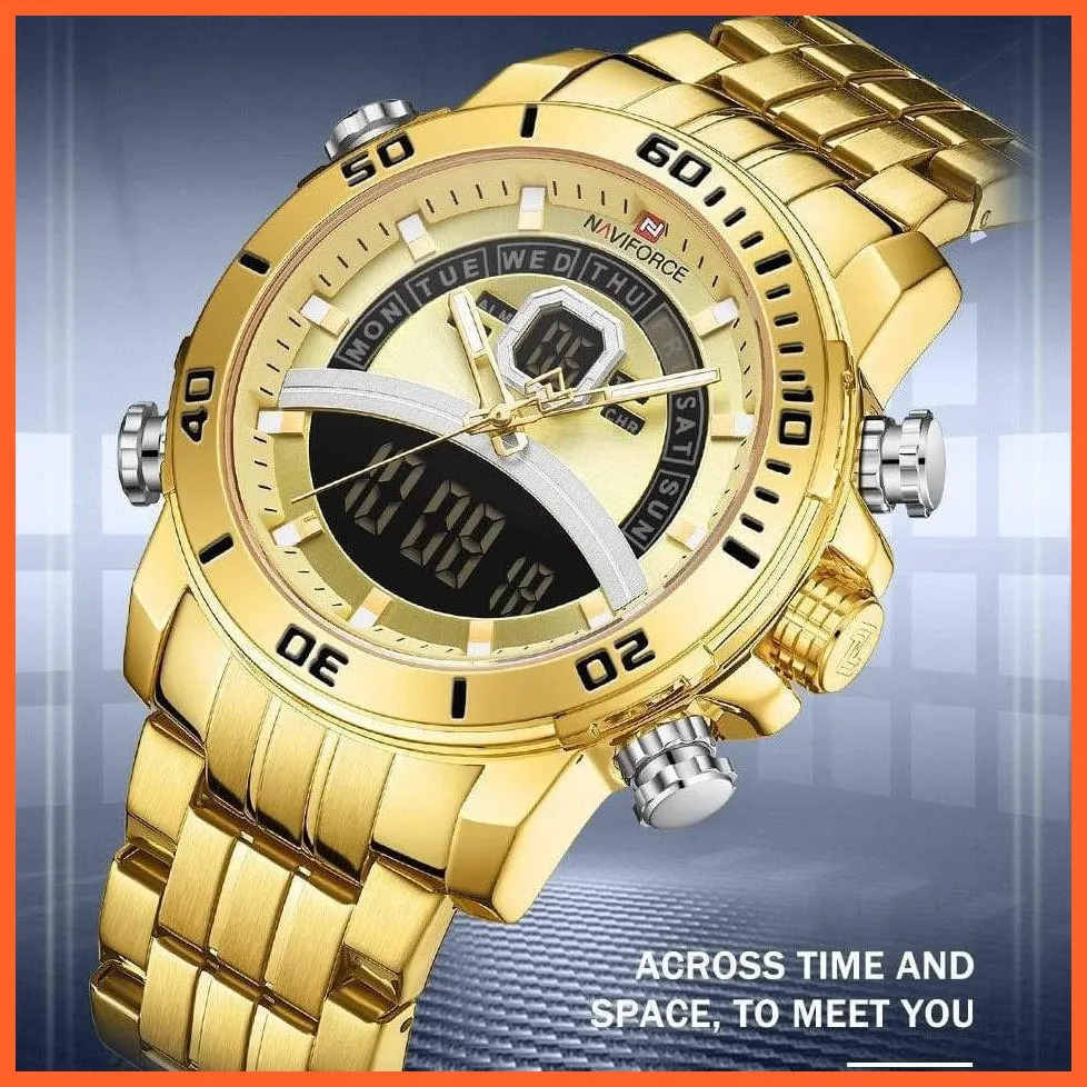 Luxury Gold Watch Men Sport Digital Chronograph Watches Male Steel Band Waterproof Quartz Wristwatch