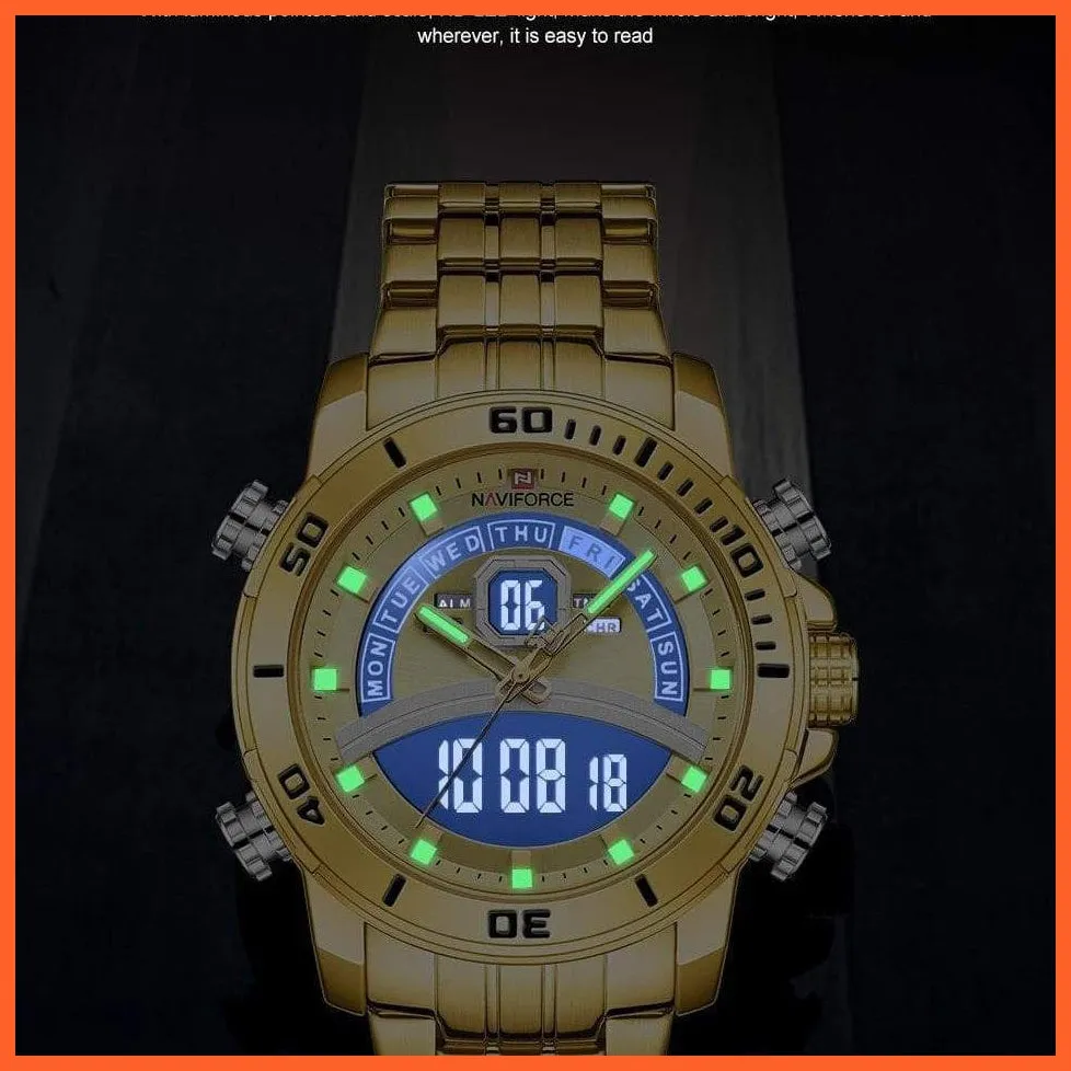 Luxury Gold Watch Men Sport Digital Chronograph Watches Male Steel Band Waterproof Quartz Wristwatch