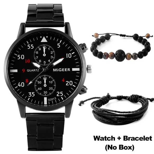 Luxury Quartz Watch and Bracelets Set Leather or Stainless Steel Wristbands Color Choices