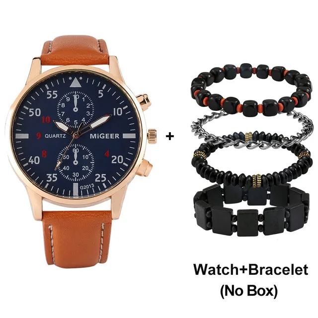Luxury Quartz Watch and Bracelets Set Leather or Stainless Steel Wristbands Color Choices